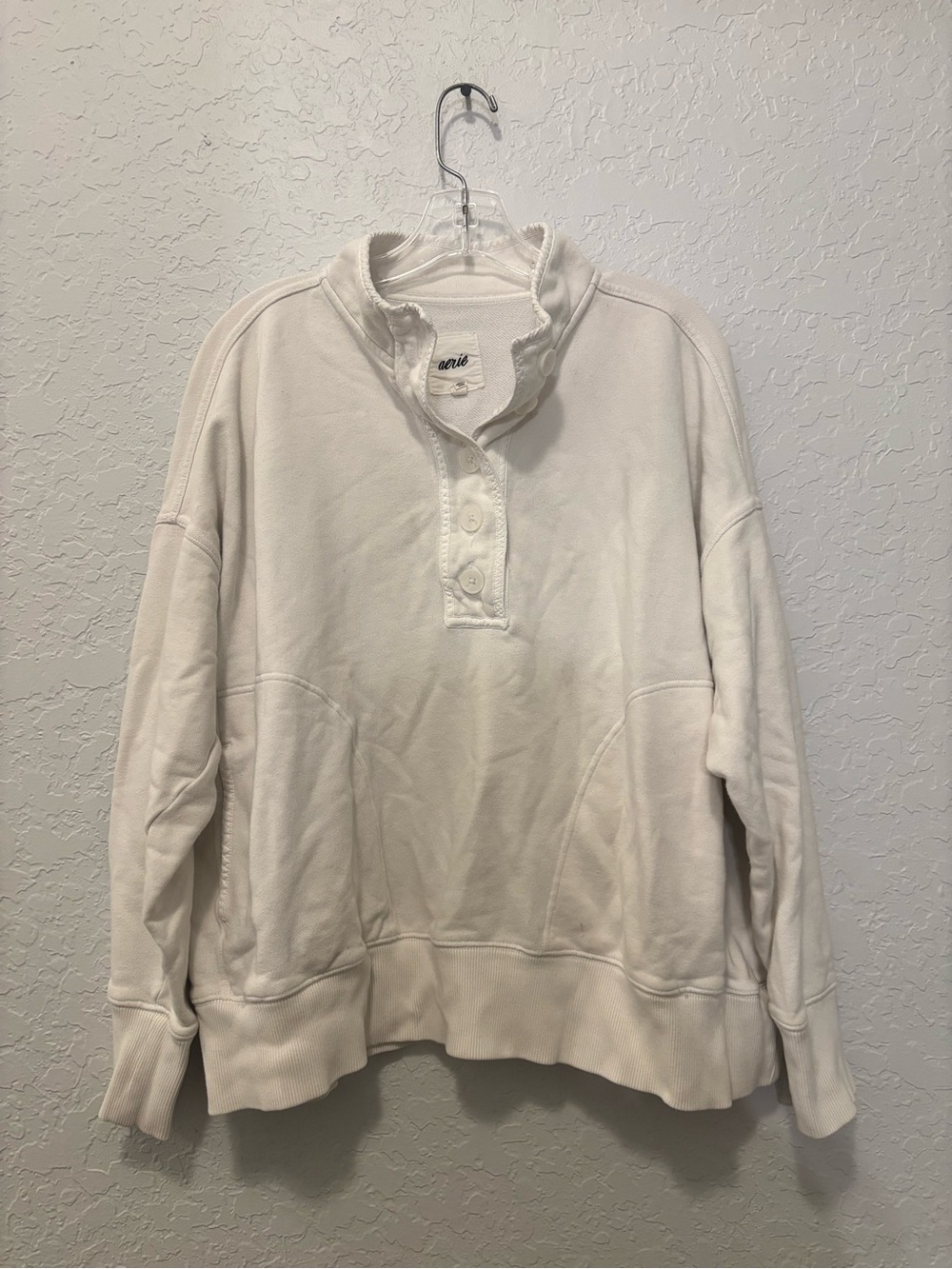 aerie Cloudwash Vintage Popover Polo Sweatshirt Size Large white